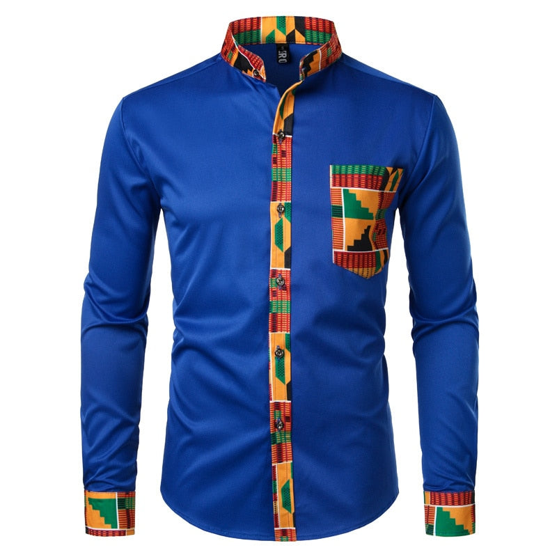 African Patchwork Pocket Print Ankara Style Long Sleeve Men's Shirt - Afro Fashion Hive