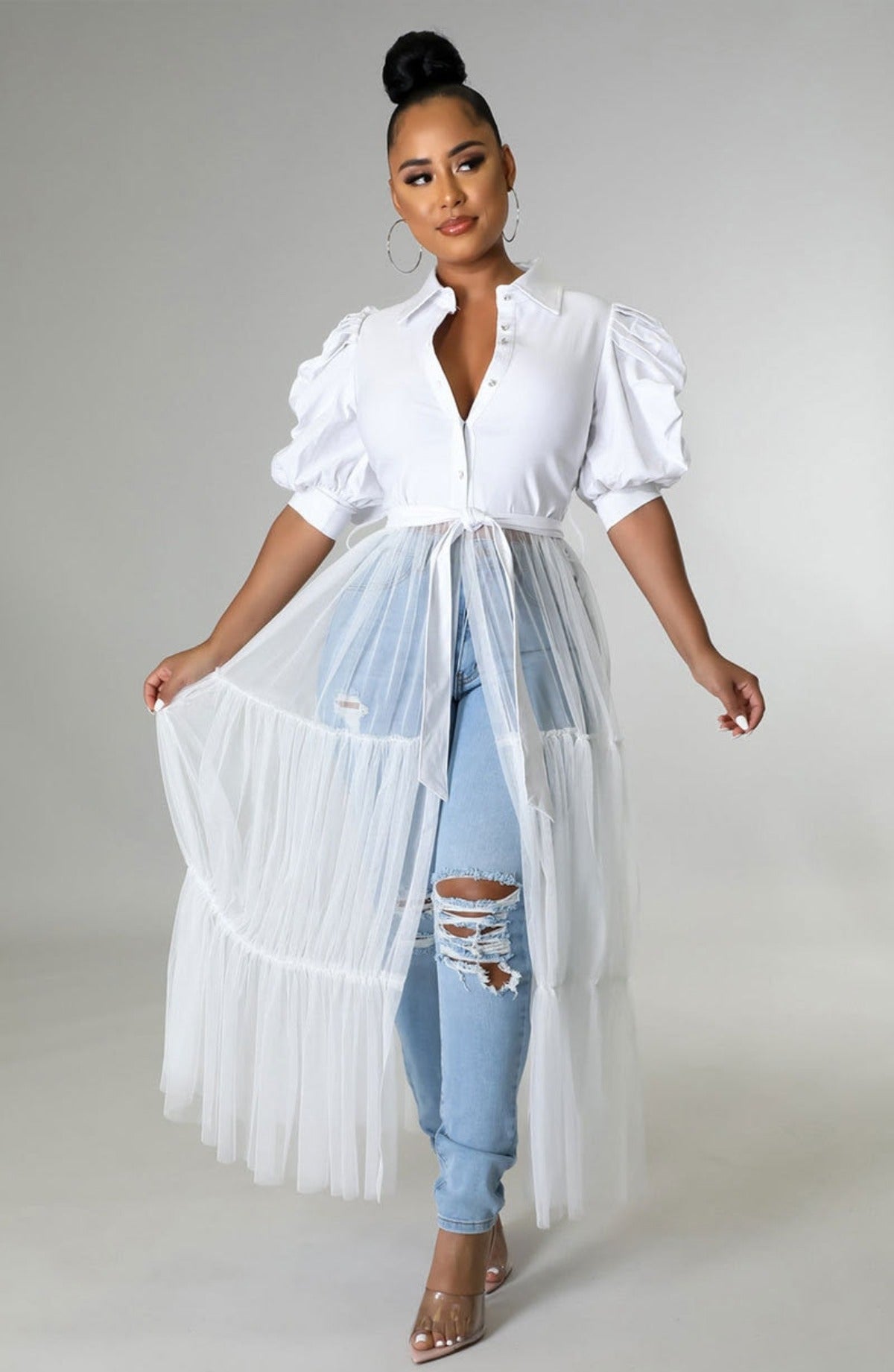 Puff Sleeve Button Turn Down Collar Sheer Mesh Patchwork Dress With Belt - Afro Fashion Hive