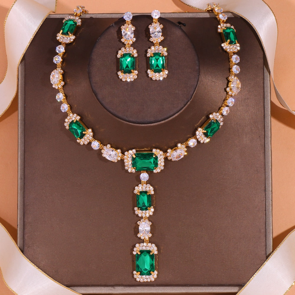 Women Luxury Green Crystal African Square Drop Jewelry Set