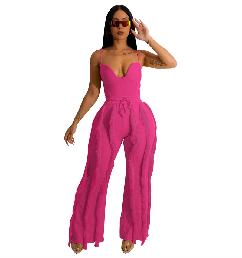 Women'S Spaghetti Straps Padded Bodysuit Top Tassel Wide Leg Pants - Afro Fashion Hive