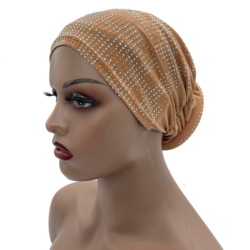 Women's Pleated Turban Cap with Padded Diamonds Design Elastic Headscarf