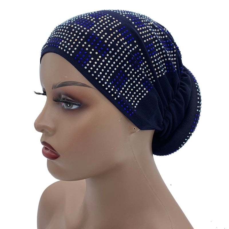 Women's Pleated Turban Cap with Padded Diamonds Design Elastic Headscarf