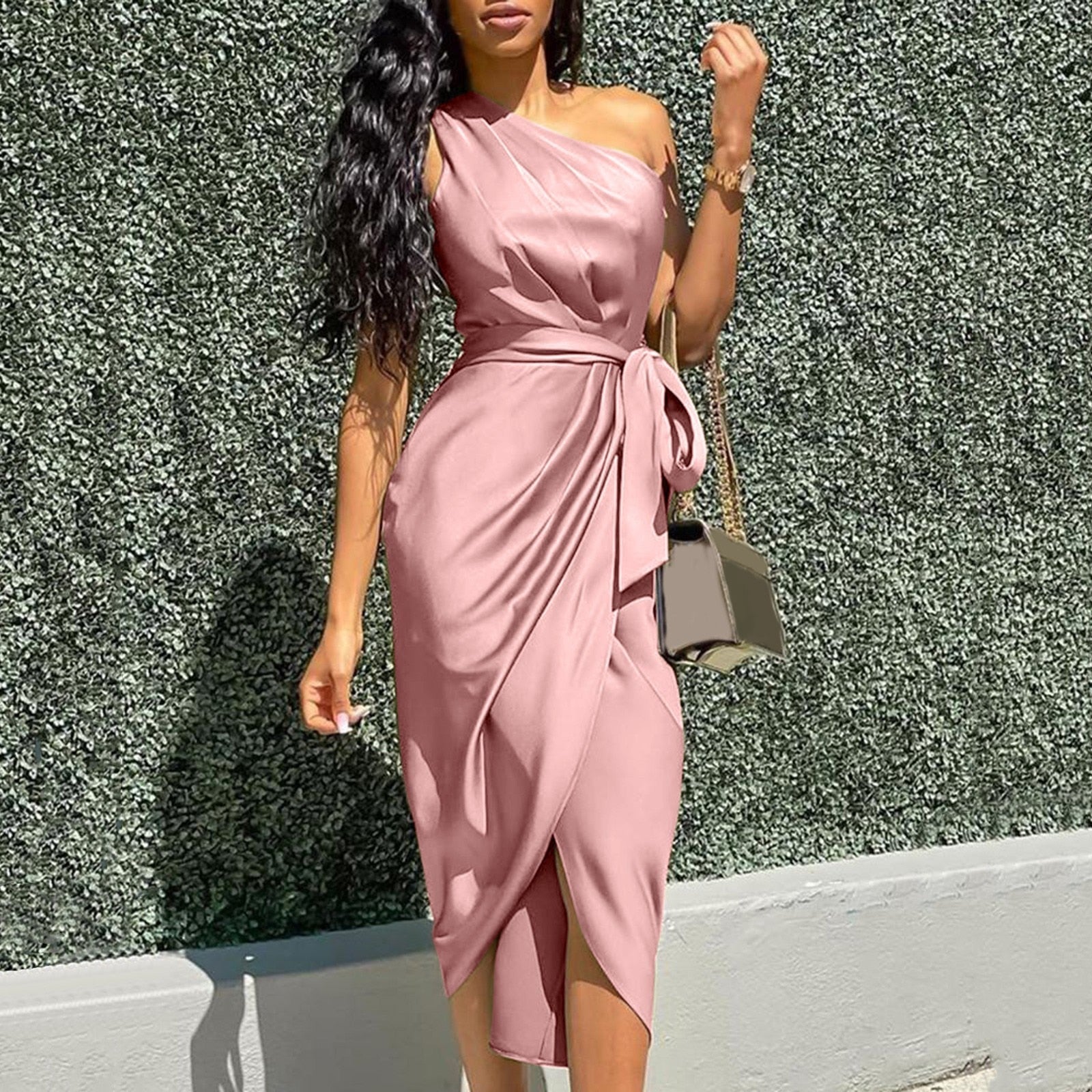 Women's One Shoulder Satin Asymmetrical Midi Bandage Dress - Afro Fashion Hive