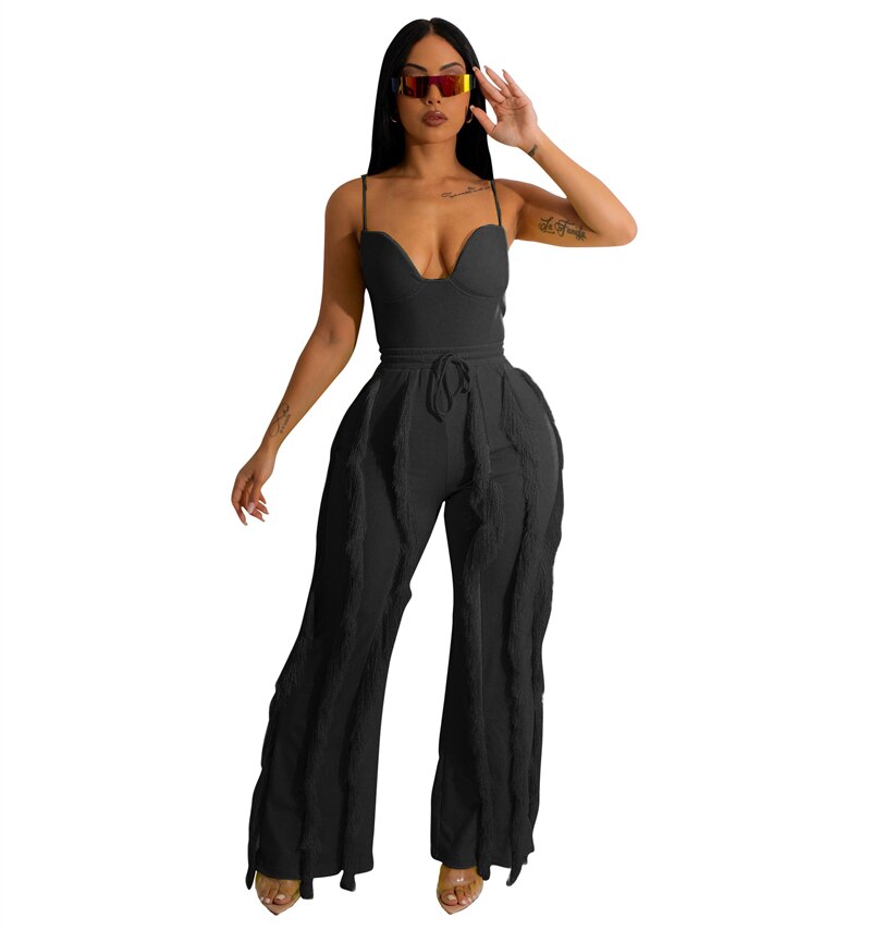 Women'S Spaghetti Straps Padded Bodysuit Top Tassel Wide Leg Pants - Afro Fashion Hive