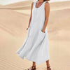 Women's Casual Cotton Linen Tank Sleeveless Robe Pockets Dress - Afro Fashion Hive