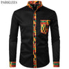 African Patchwork Pocket Print Ankara Style Long Sleeve Men's Shirt - Afro Fashion Hive