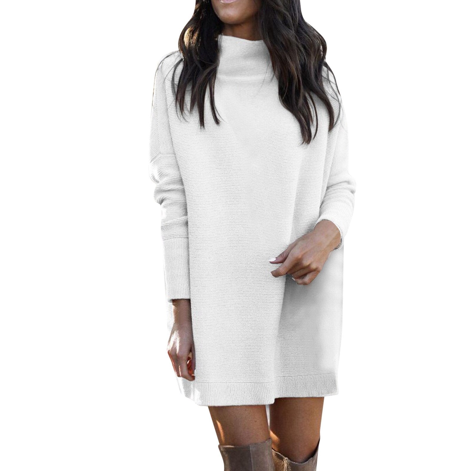 Women's Autumn Solid Long Sleeve Oversized Knitted Turtleneck Dress - Afro Fashion Hive