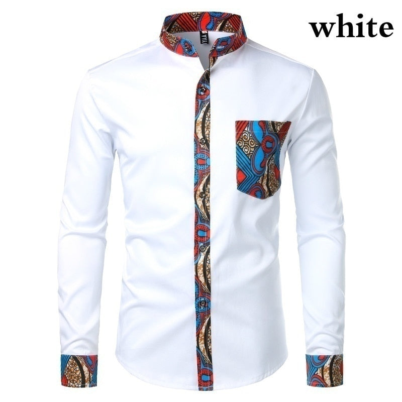 African Patchwork Pocket Print Ankara Style Long Sleeve Men's Shirt - Afro Fashion Hive