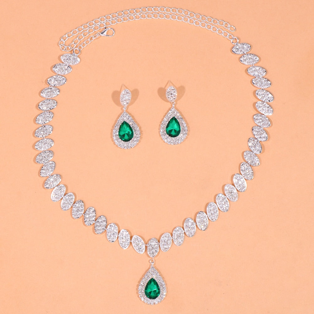 Women Green Water Drop Rhinestone Exquisite Round Crystal Necklace Set