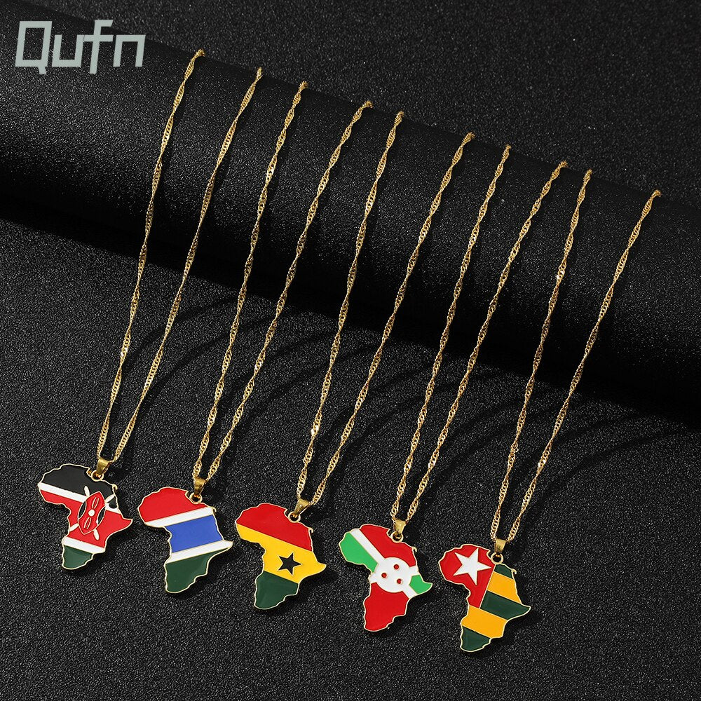 Men Women Snake Chain Africa Map Flag Pendant Necklace