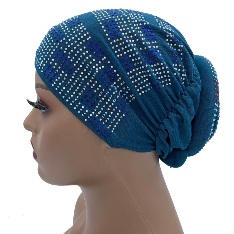 Women's Pleated Turban Cap with Padded Diamonds Design Elastic Headscarf