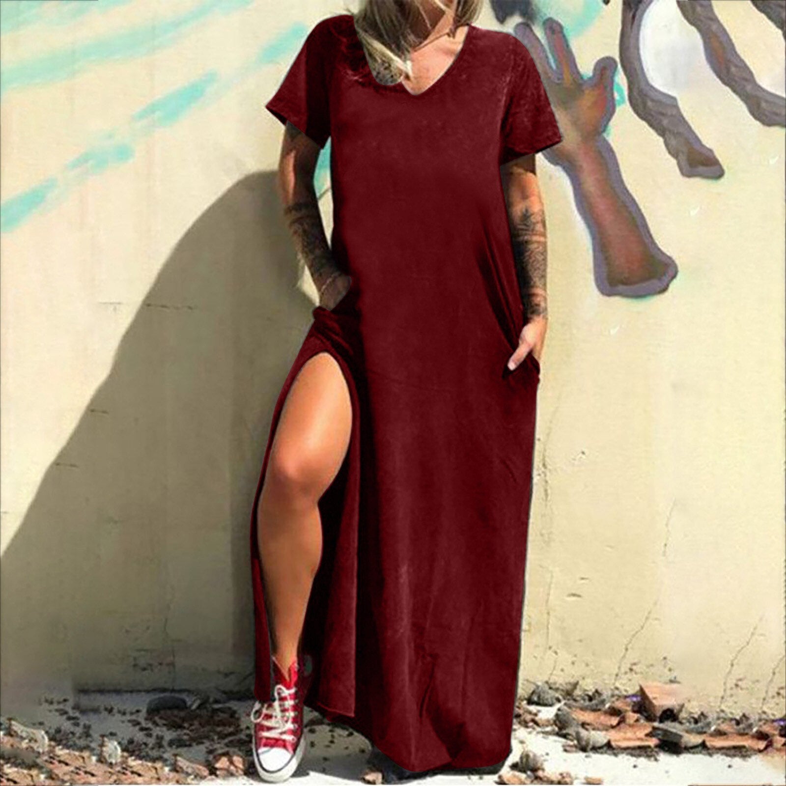 Women's Solid Color Casual V Neck Short Sleeved Long High Slit Loose Dress - Afro Fashion Hive
