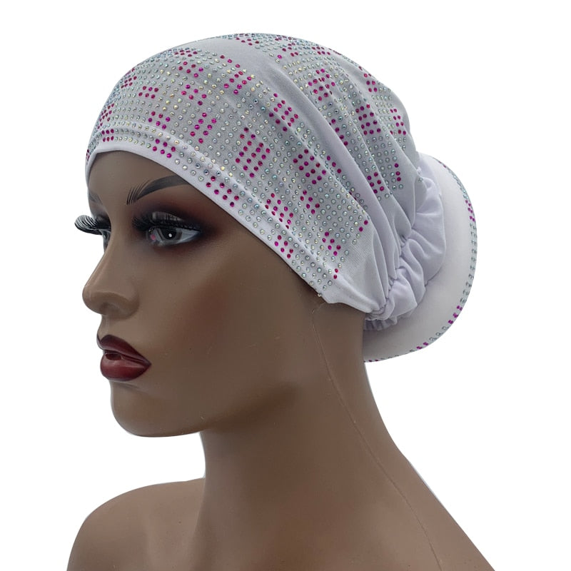 Women's Pleated Turban Cap with Padded Diamonds Design Elastic Headscarf