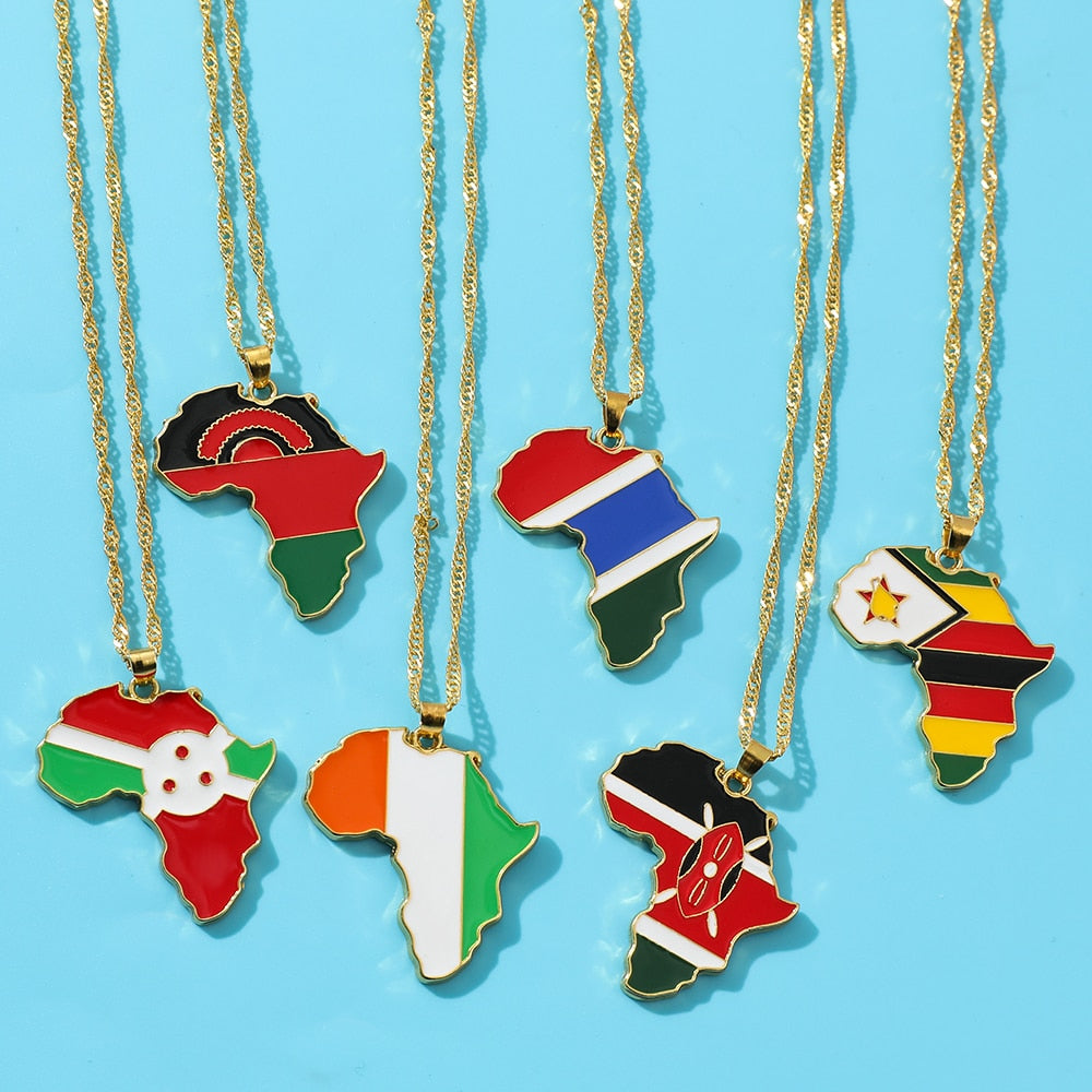 Men Women Snake Chain Africa Map Flag Pendant Necklace