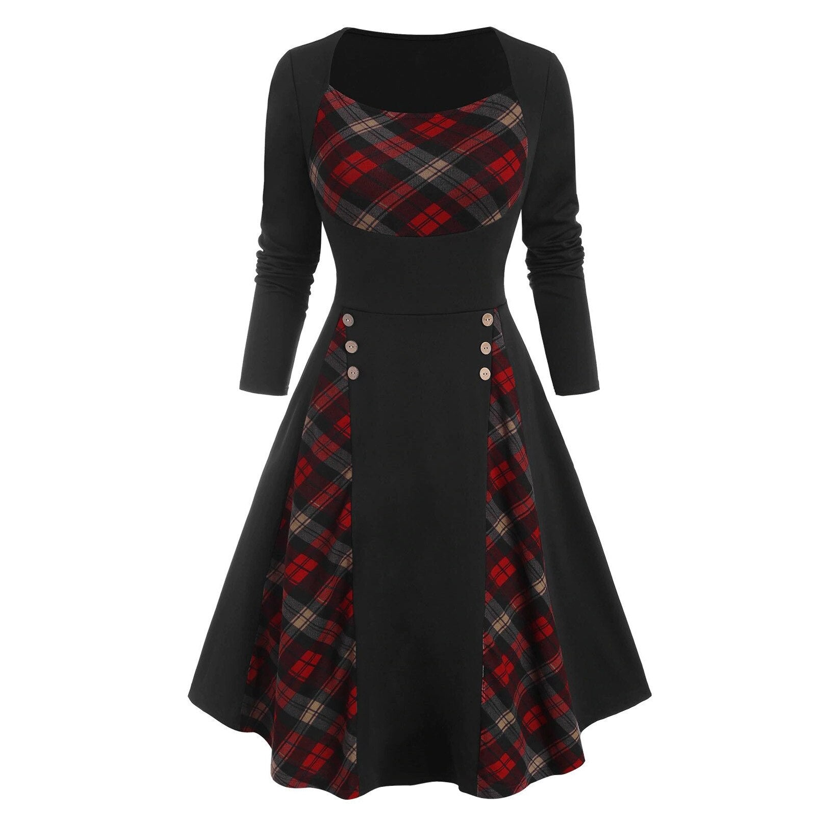 Women'S Black High Waist Long Sleeves Buckled Plaid Panel A-Line Dress - Afro Fashion Hive