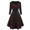 Women'S Black High Waist Long Sleeves Buckled Plaid Panel A-Line Dress - Afro Fashion Hive