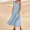 Women's Casual Cotton Linen Tank Sleeveless Robe Pockets Dress - Afro Fashion Hive