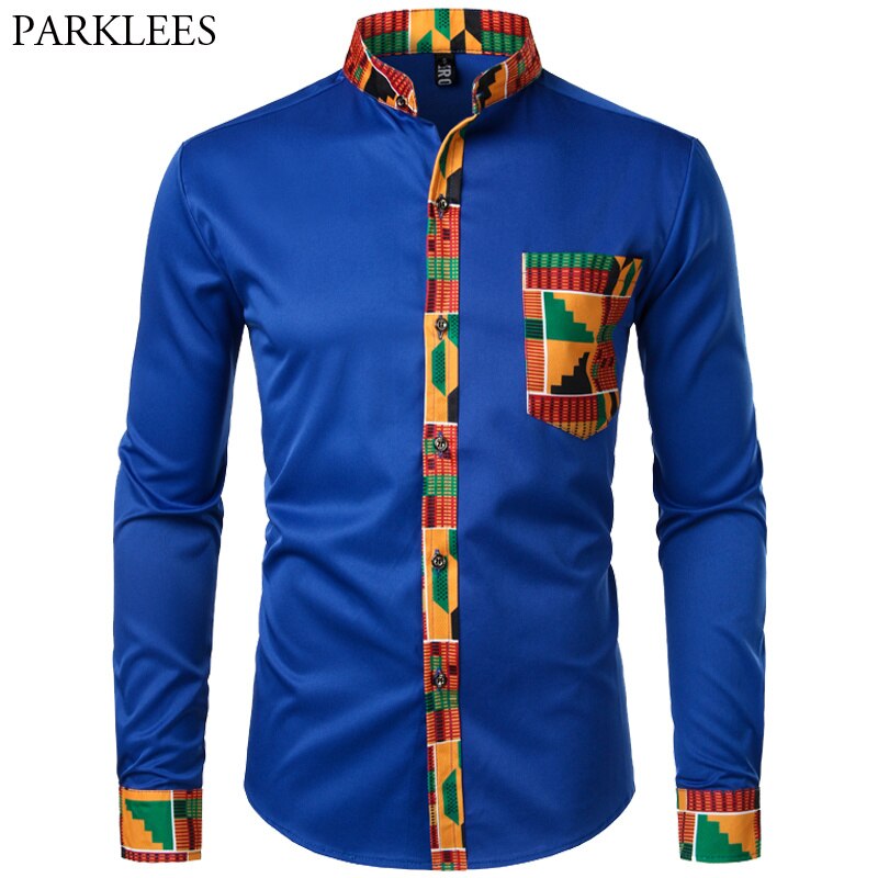 African Patchwork Pocket Print Ankara Style Long Sleeve Men's Shirt - Afro Fashion Hive