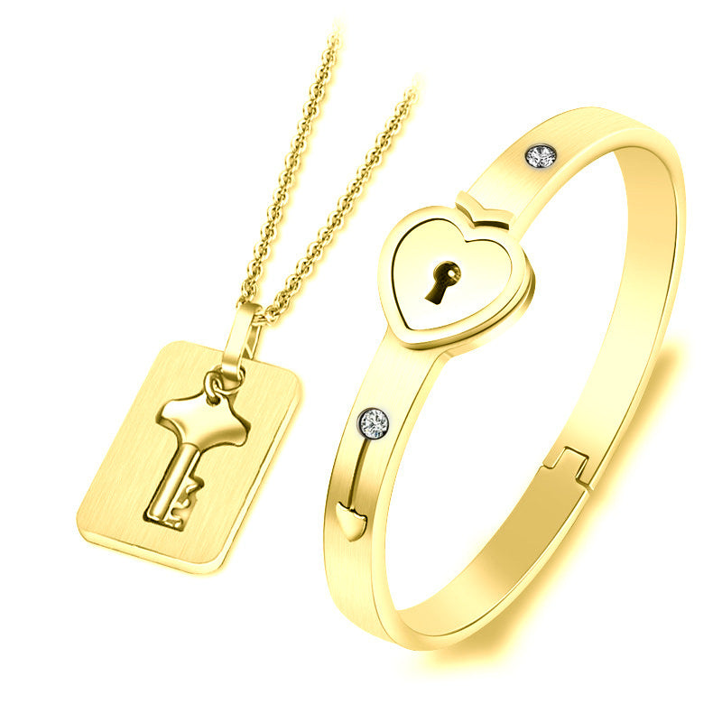 Stainless Steel Love Heart Lock Bracelets Bangles Key Pendant Necklace Couples Set - Afro Fashion Hive