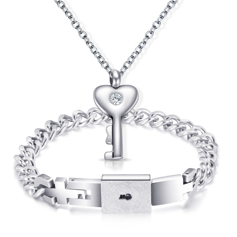 Stainless Steel Love Heart Lock Bracelets Bangles Key Pendant Necklace Couples Set - Afro Fashion Hive