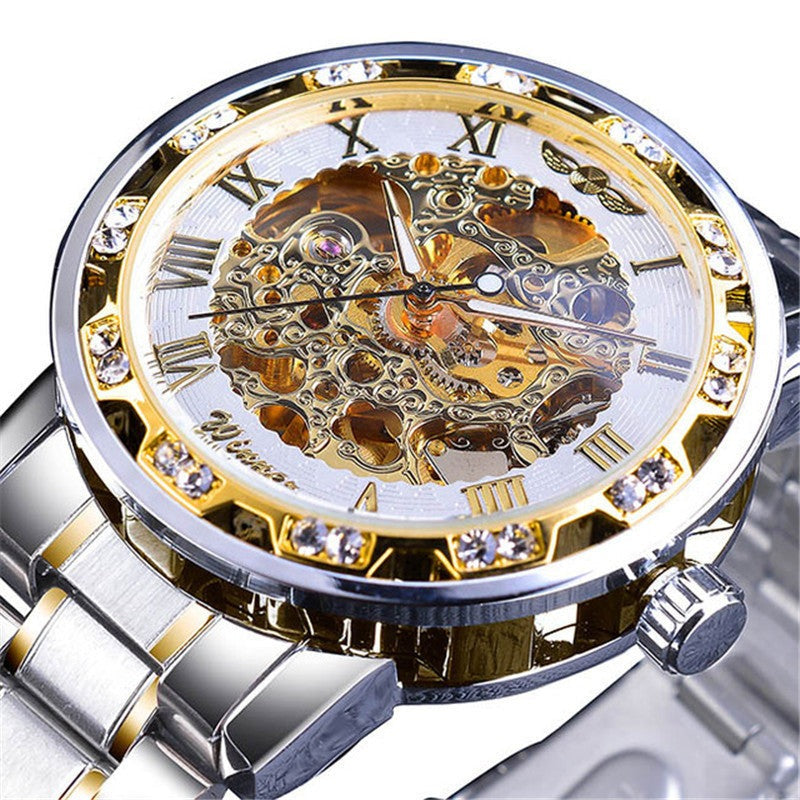 Men's Fashion Casual Popular Hollow Rhinestone Manual Mechanical Watch - Afro Fashion Hive