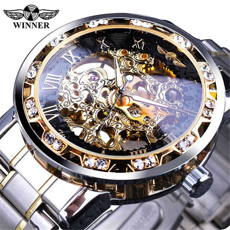 Men's Fashion Casual Popular Hollow Rhinestone Manual Mechanical Watch - Afro Fashion Hive