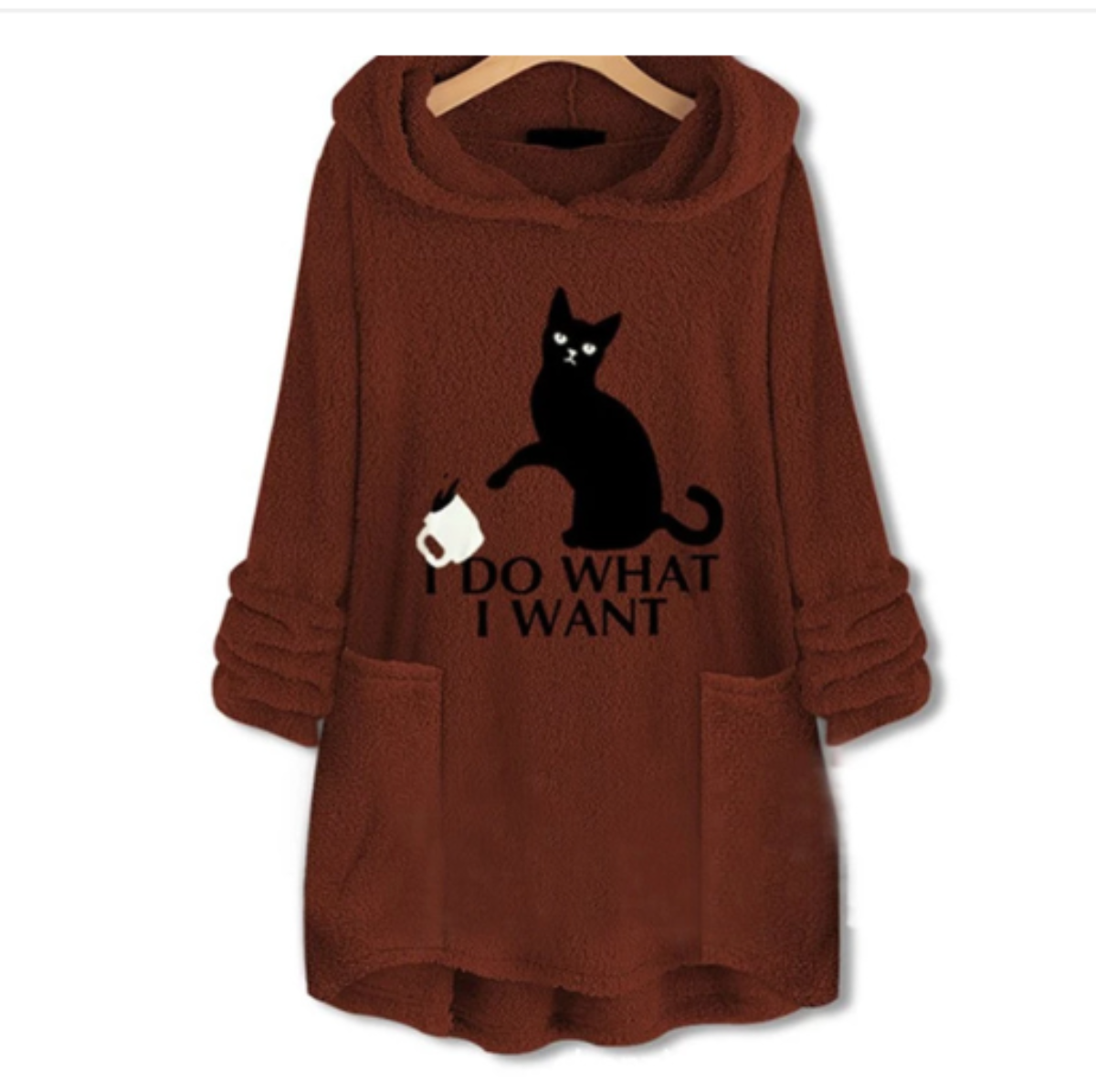 Women Fleece Warm Embroidery Cat Print Long Hoodies Sweatshirt - Afro Fashion Hive