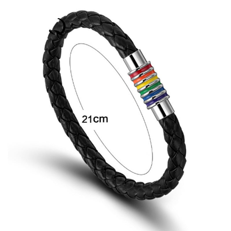 Titanium Steel Magnet Buckle Woven Seven Colors Rainbow Leather Bracelet - Afro Fashion Hive