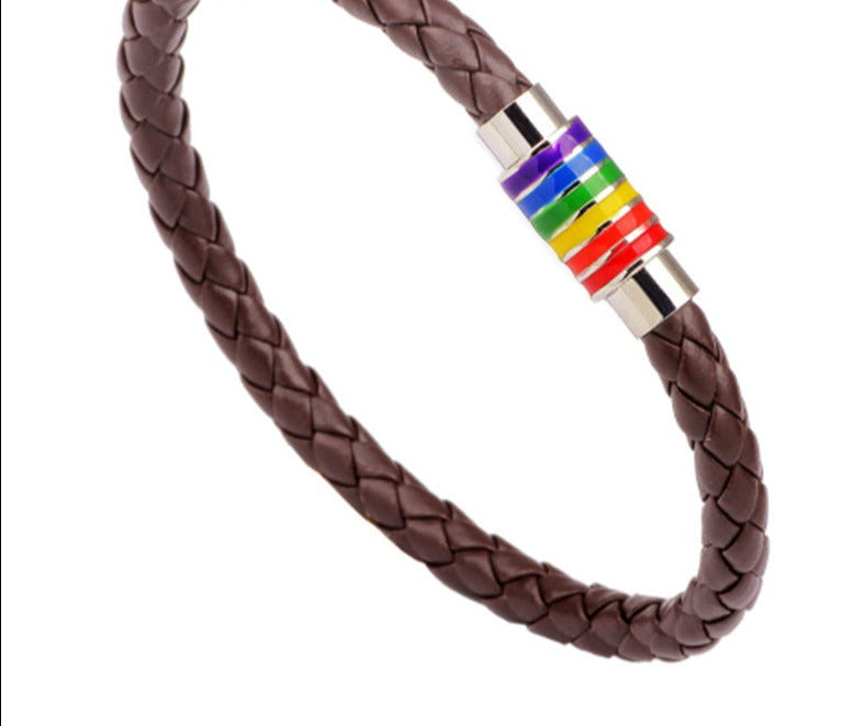 Titanium Steel Magnet Buckle Woven Seven Colors Rainbow Leather Bracelet - Afro Fashion Hive