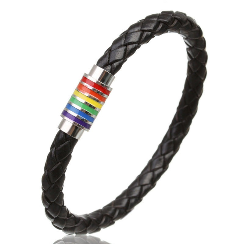 Titanium Steel Magnet Buckle Woven Seven Colors Rainbow Leather Bracelet - Afro Fashion Hive