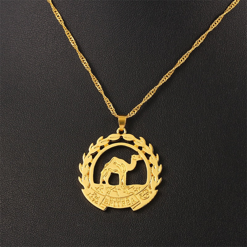 Classic Golden Camel Olive Branch Eritrea Map Flag Necklace