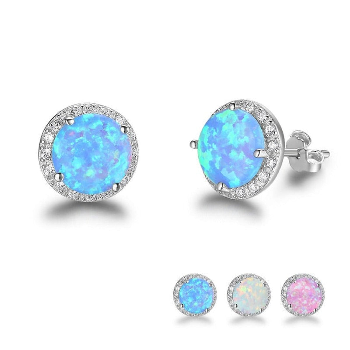 Classic 925 Sterling Silver Round White Pink Blue Opal Stud Earrings - Afro Fashion Hive