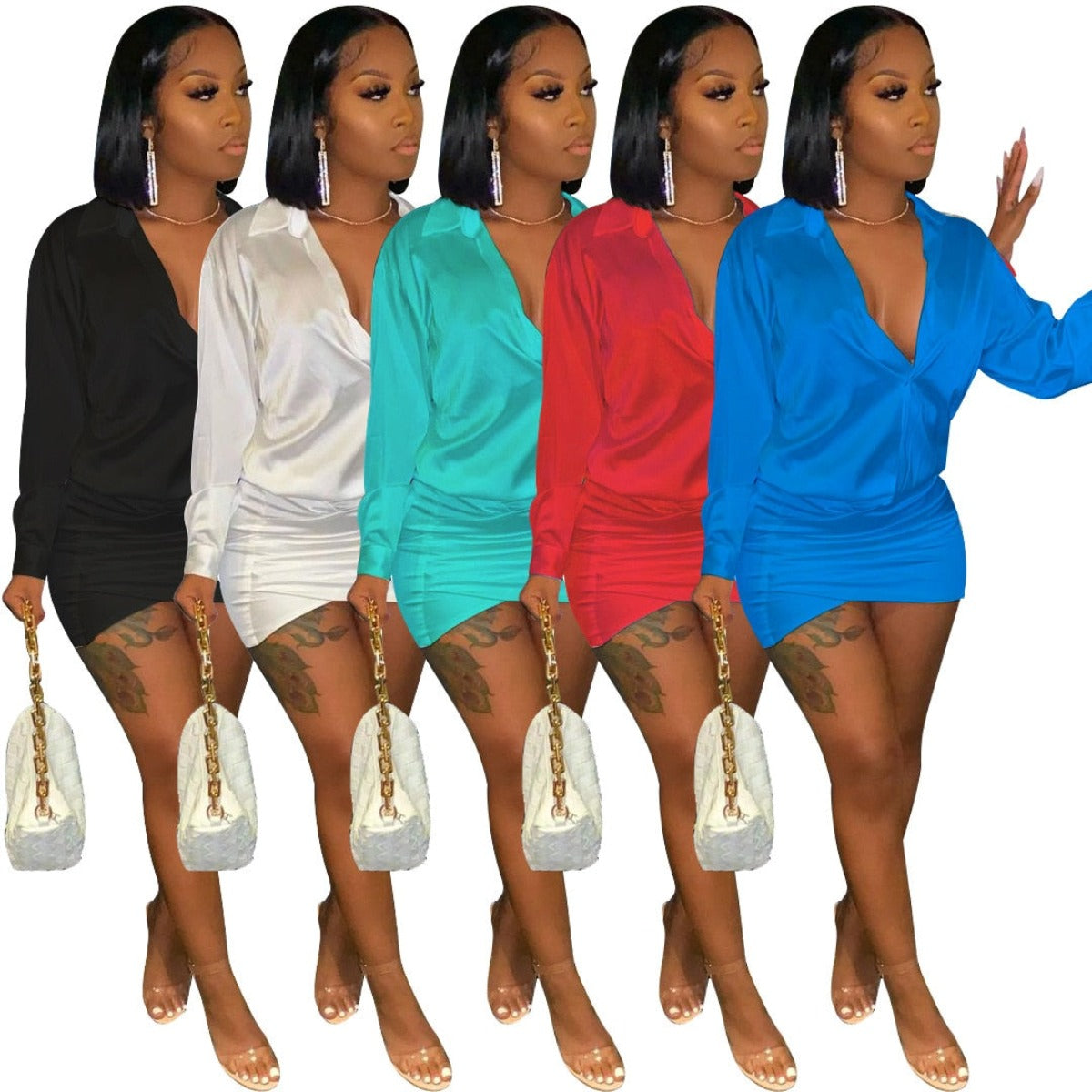 Autumn Long Sleeve Turn Down Collar V Neck Satin Mini Dress - Afro Fashion Hive