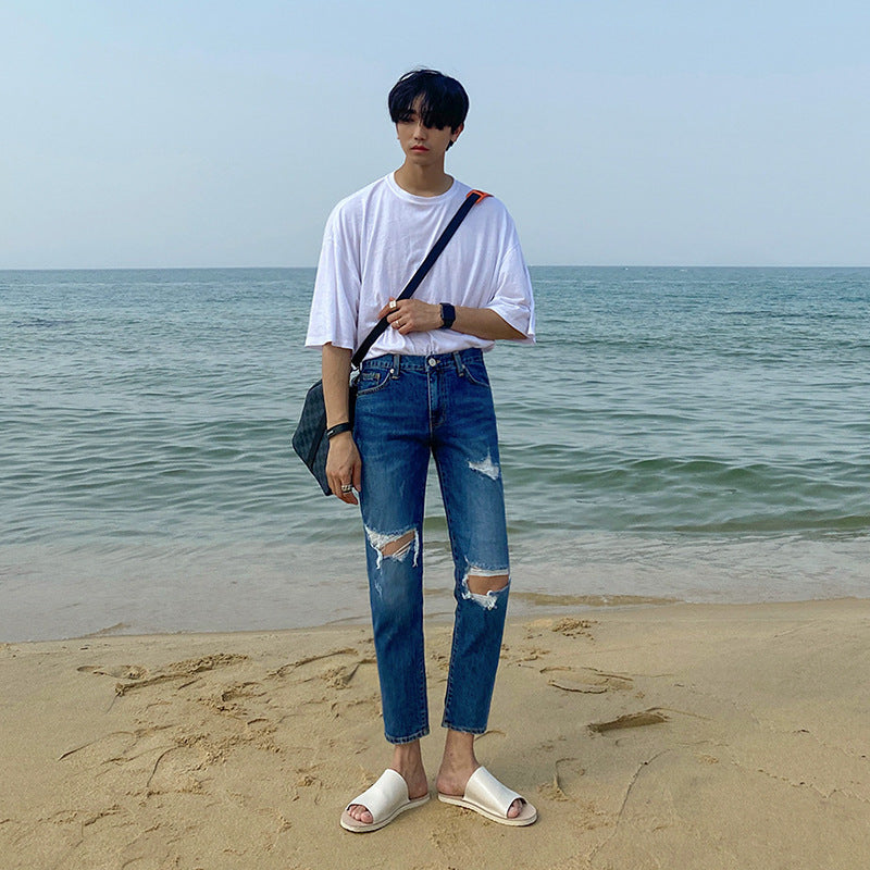 Men's Ripped Korean Version Of The Trend Of Straight Loose Pants Summer Jeans - Afro Fashion Hive