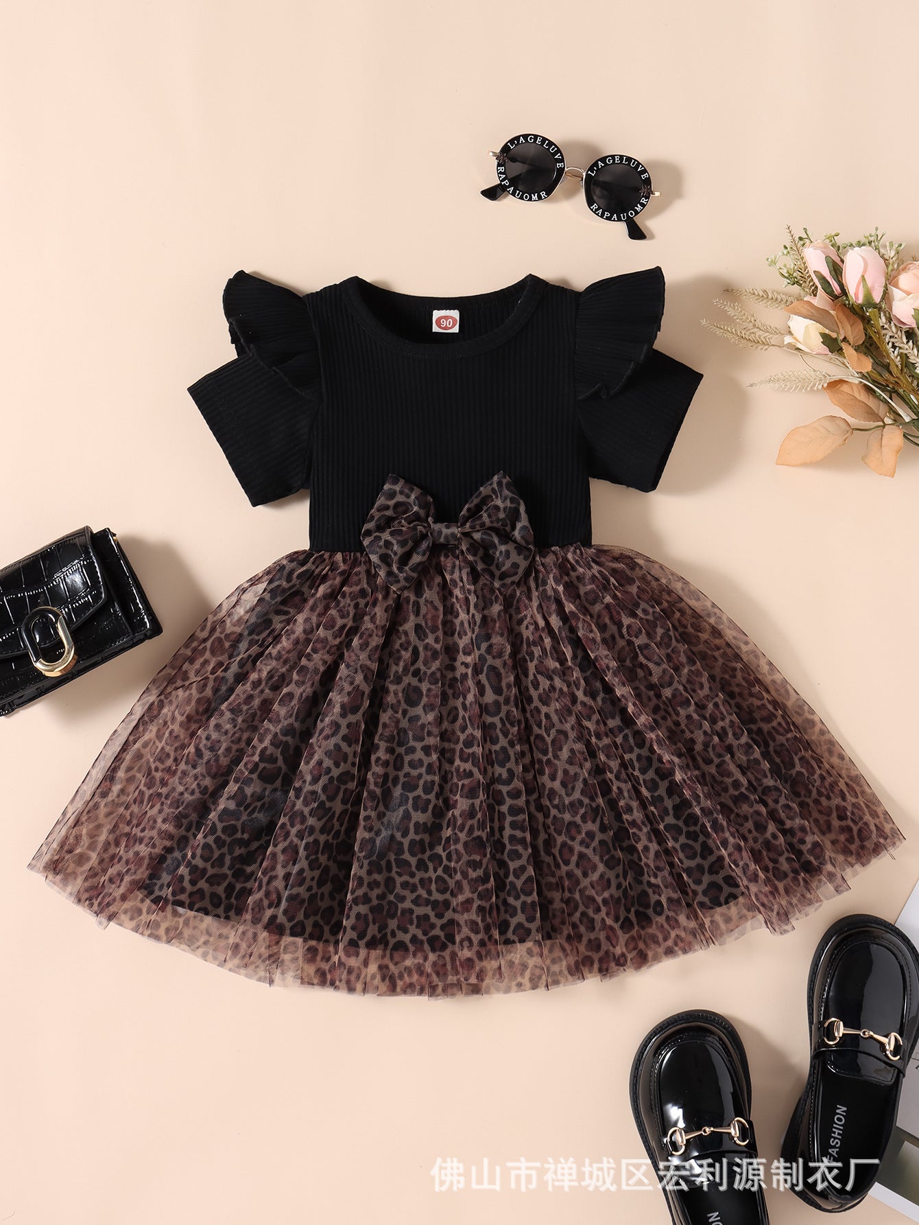 Short Sleeve Bow Leopard Print Tulle Princess Black Pitted Mesh Dress - Afro Fashion Hive