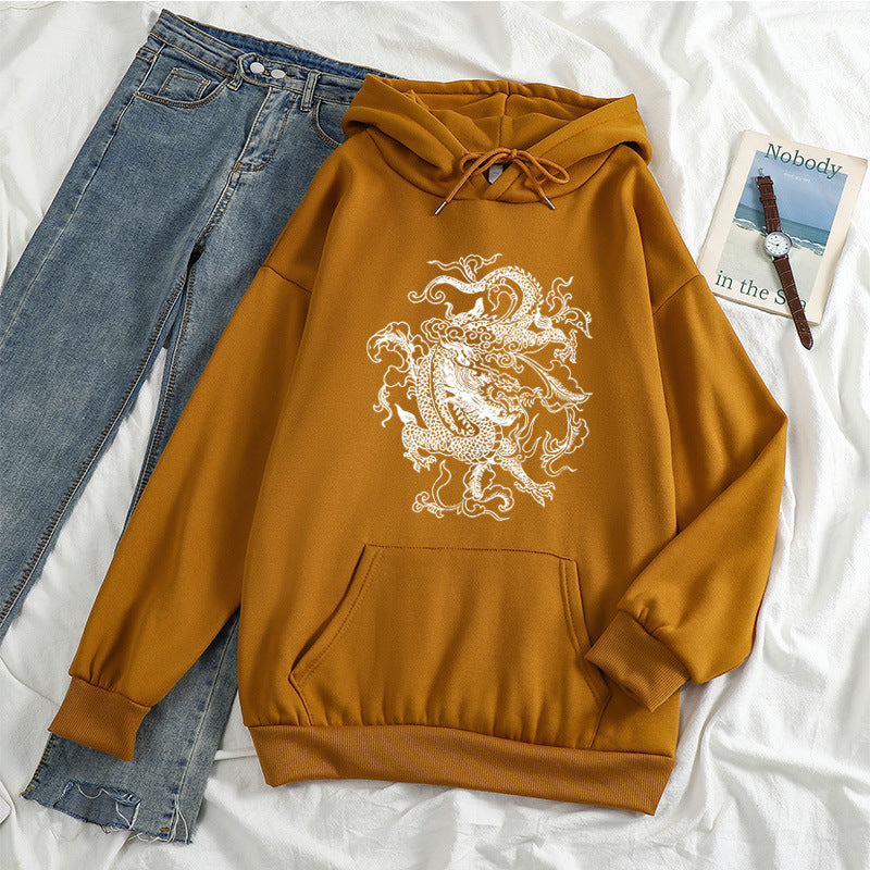 Women'S Aesthetic Illustration Dragon Printing Casual Hooded Sweater - Afro Fashion Hive