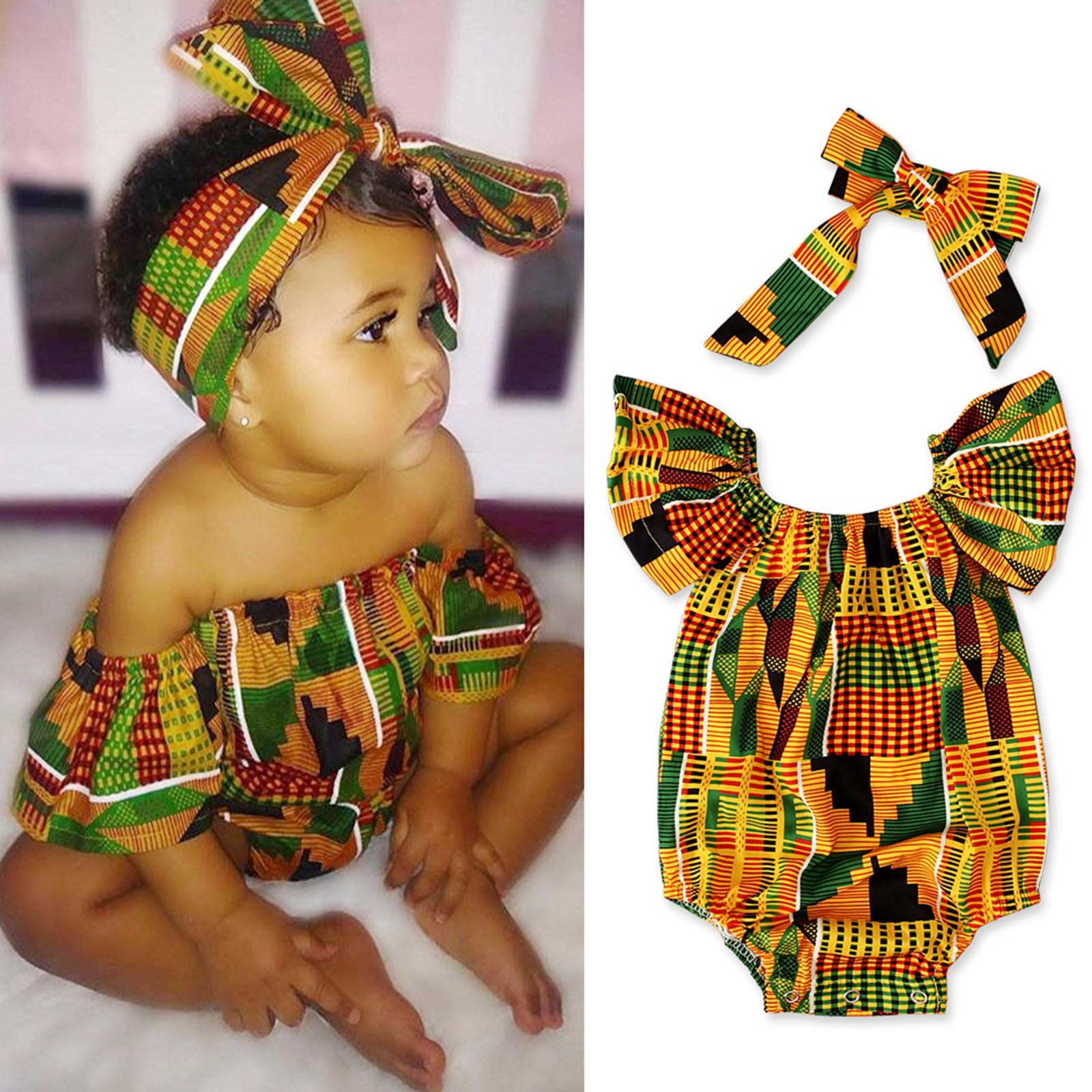 Toddler African Print Off Shoulder O Neck Romper + Headband Set - Afro Fashion Hive