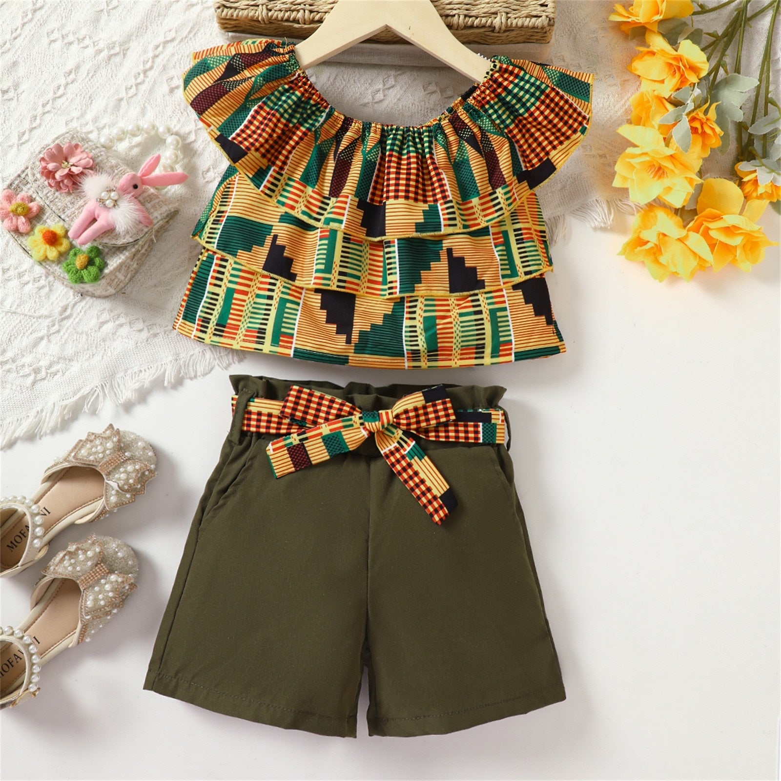 Little Girls African Style Printed Ruffles Vest Top Belted Skirts - Afro Fashion Hive