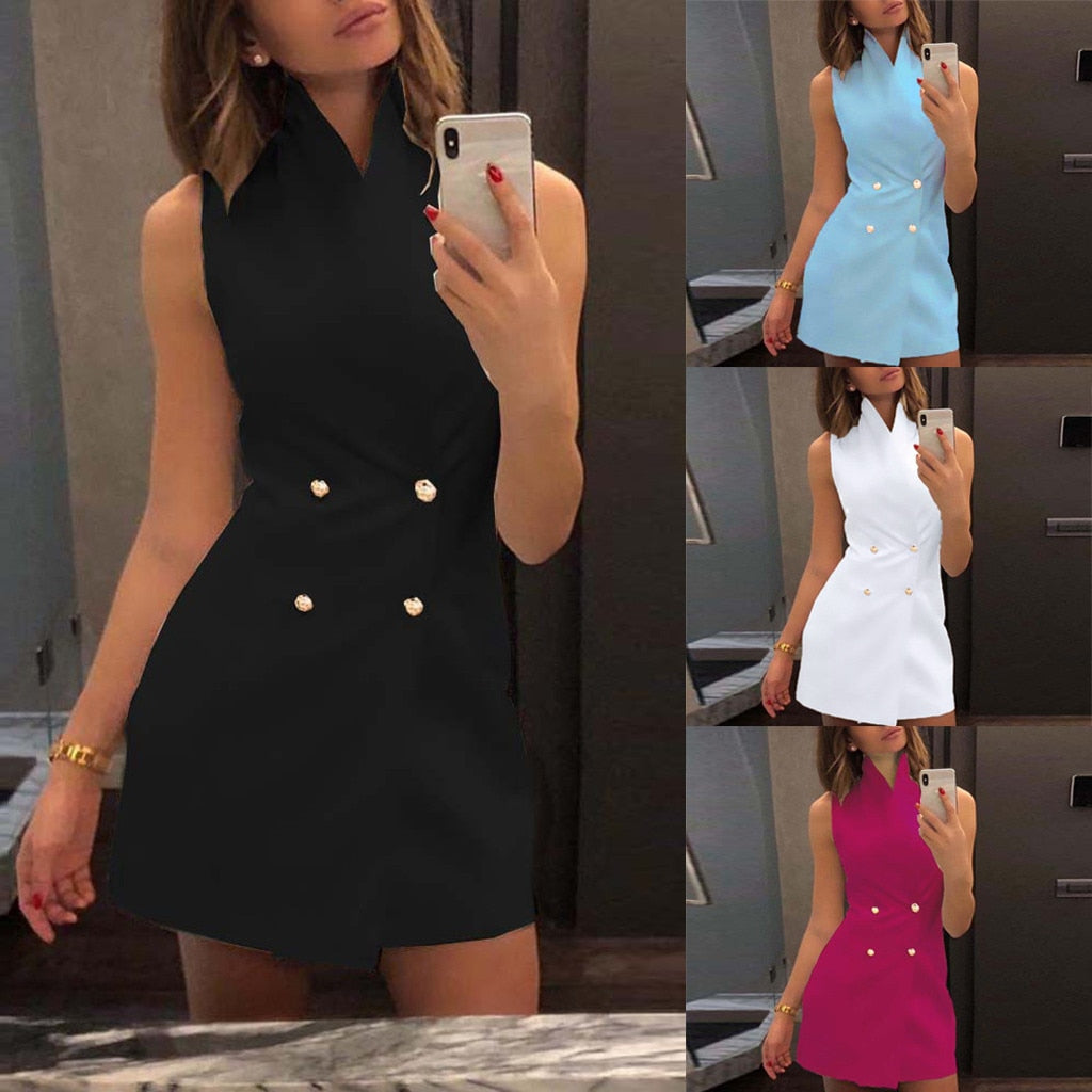 Women's Short Bodycon Collar Blazer Double Breasted Sleeveless Dress - Afro Fashion Hive