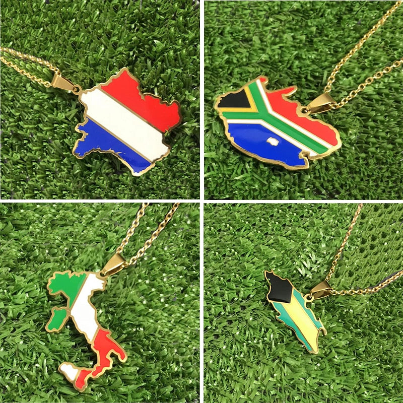 Trendy Jamaica Italy South Africa National France Flag Map Necklace - Afro Fashion Hive