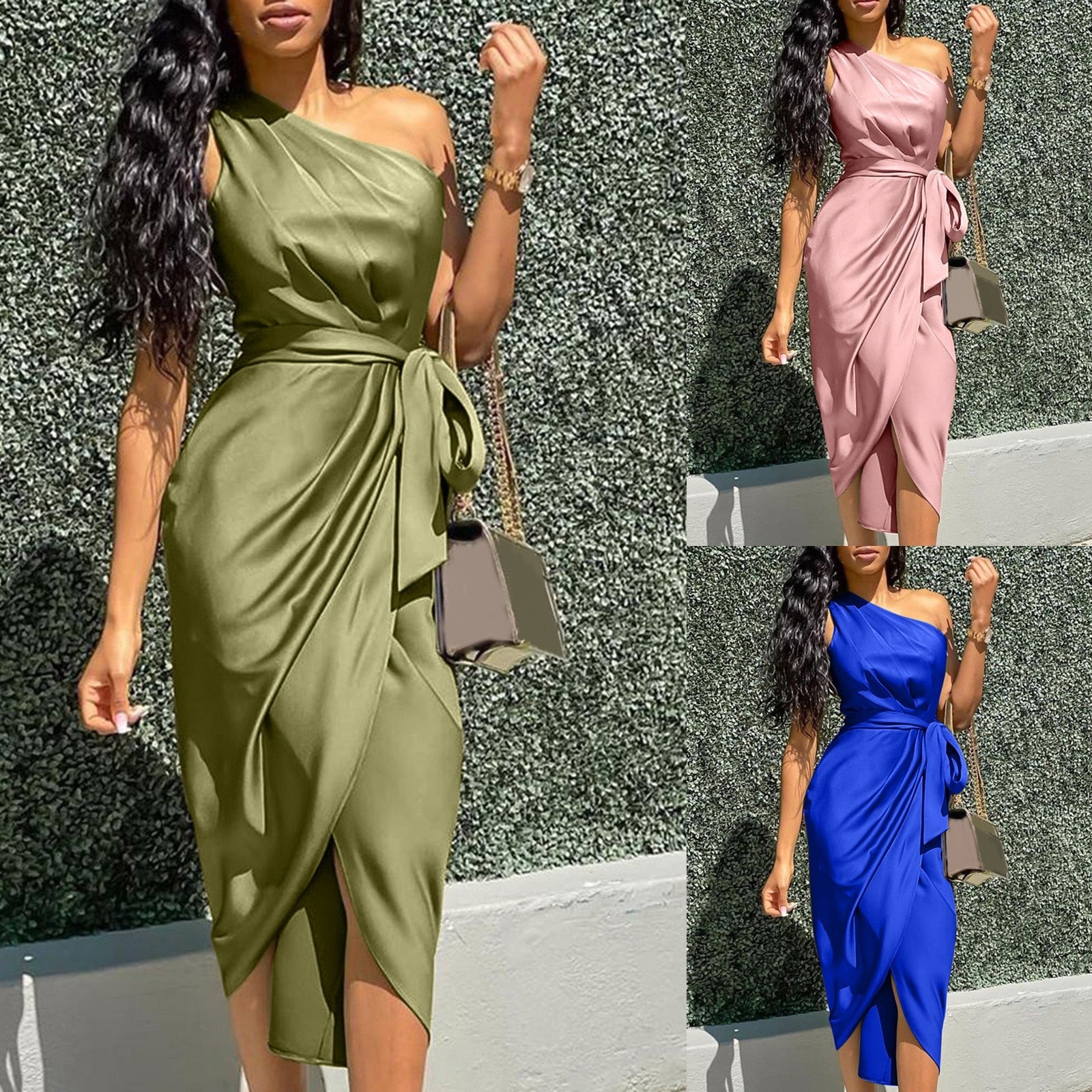 Women's One Shoulder Satin Asymmetrical Midi Bandage Dress - Afro Fashion Hive