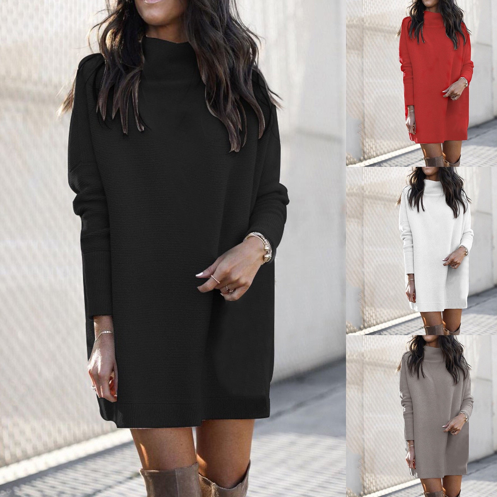 Women's Autumn Solid Long Sleeve Oversized Knitted Turtleneck Dress - Afro Fashion Hive