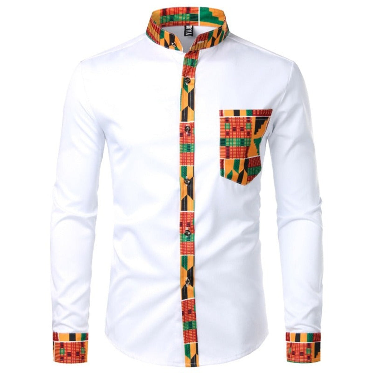 African Patchwork Pocket Print Ankara Style Long Sleeve Men's Shirt - Afro Fashion Hive