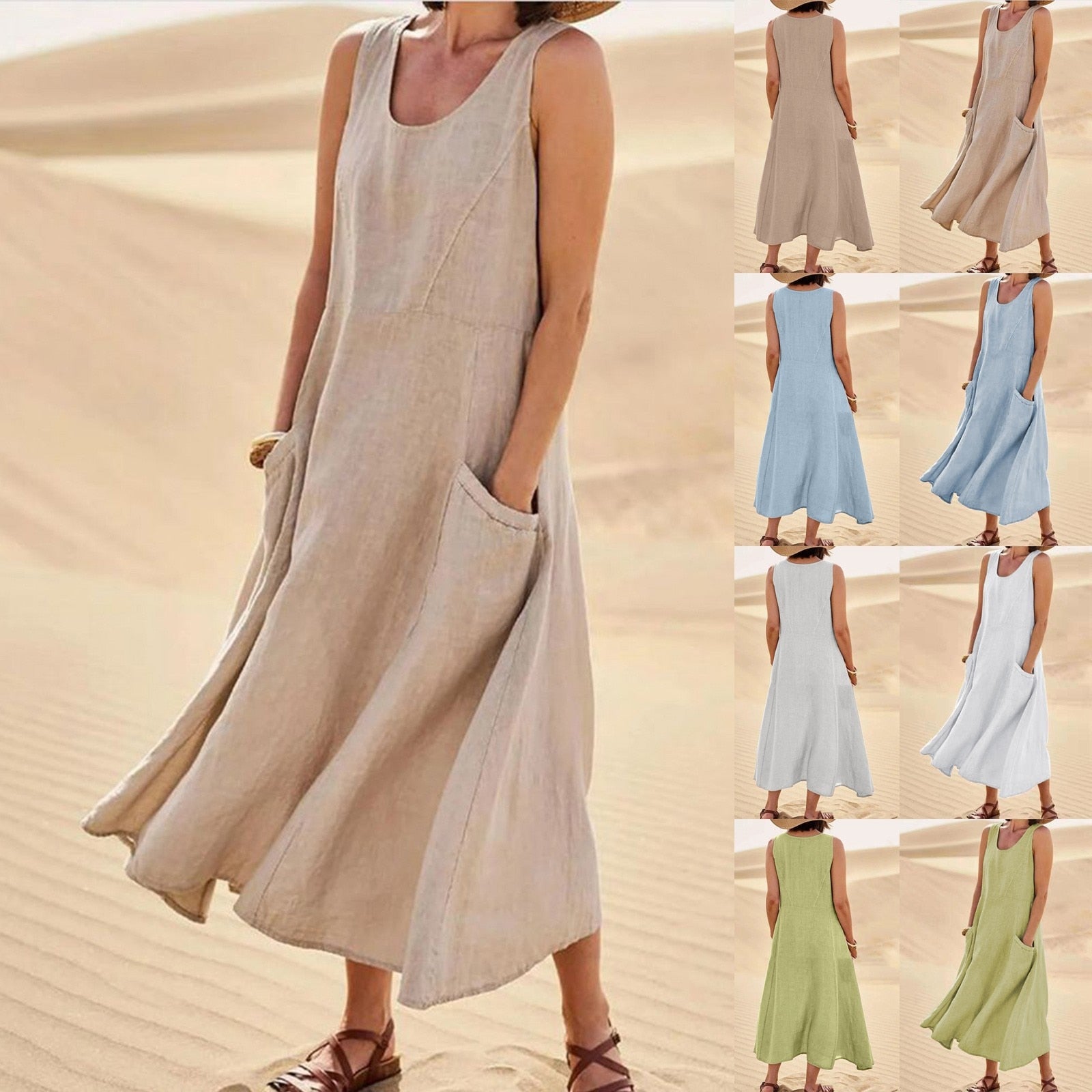 Women's Casual Cotton Linen Tank Sleeveless Robe Pockets Dress - Afro Fashion Hive