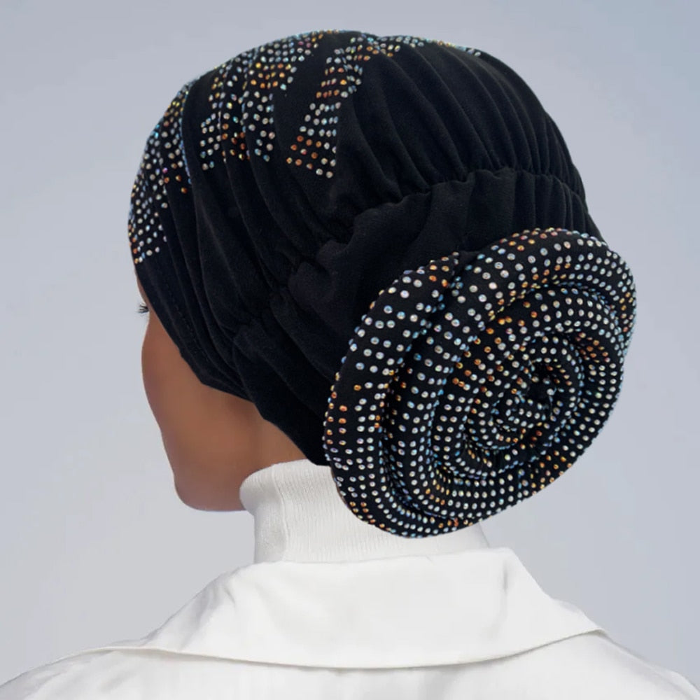 Women's Pleated Turban Cap with Padded Diamonds Design Elastic Headscarf