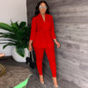 Casual African Solid V-Neck Lace-Up Shirt Tight Pants Two Piece Set - Afro Fashion Hive